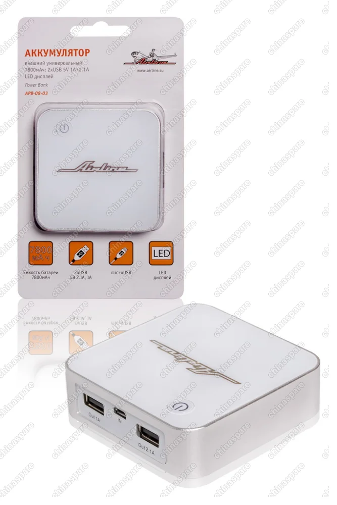 APB-08-03 Аккумулятор внешний универсальный 7800мАч: 2хUSB 5V 1A+2.1A LED дисплей