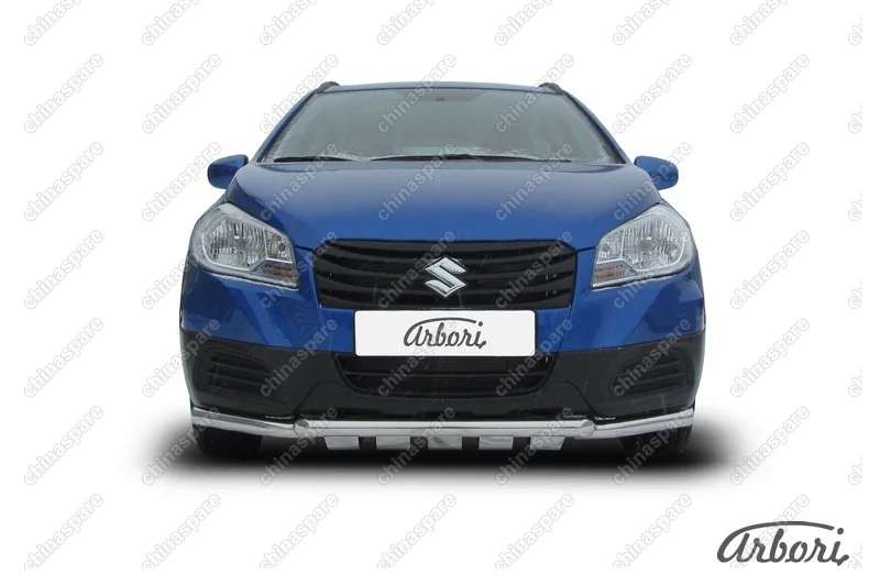 AFZDASSX41401 Защита переднего бампера d57+d42 двойная с профильной ЗК Arbori нерж. сталь для Suzuki SX4 2014-нв