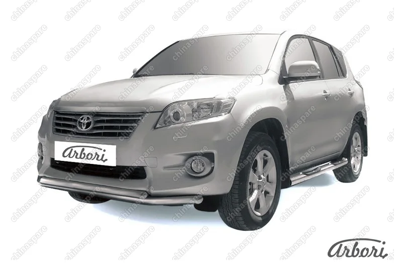Защита переднего бампера d57+d42 двойная Arbori нерж. сталь для Toyota RAV4 2010-2014