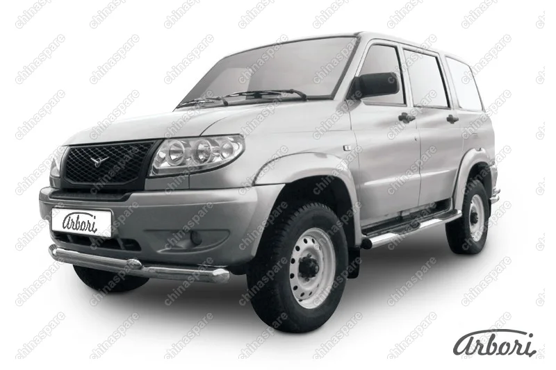 AFZDAUP03 Защита переднего бампера d76+d57 двойная Arbori нерж. сталь для UAZ PATRIOT 2005-2014