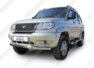 AFZDAUPPIC03 Защита переднего бампера d57+d57 двойная Arbori нерж. сталь для UAZ PICKUP 2007-2014