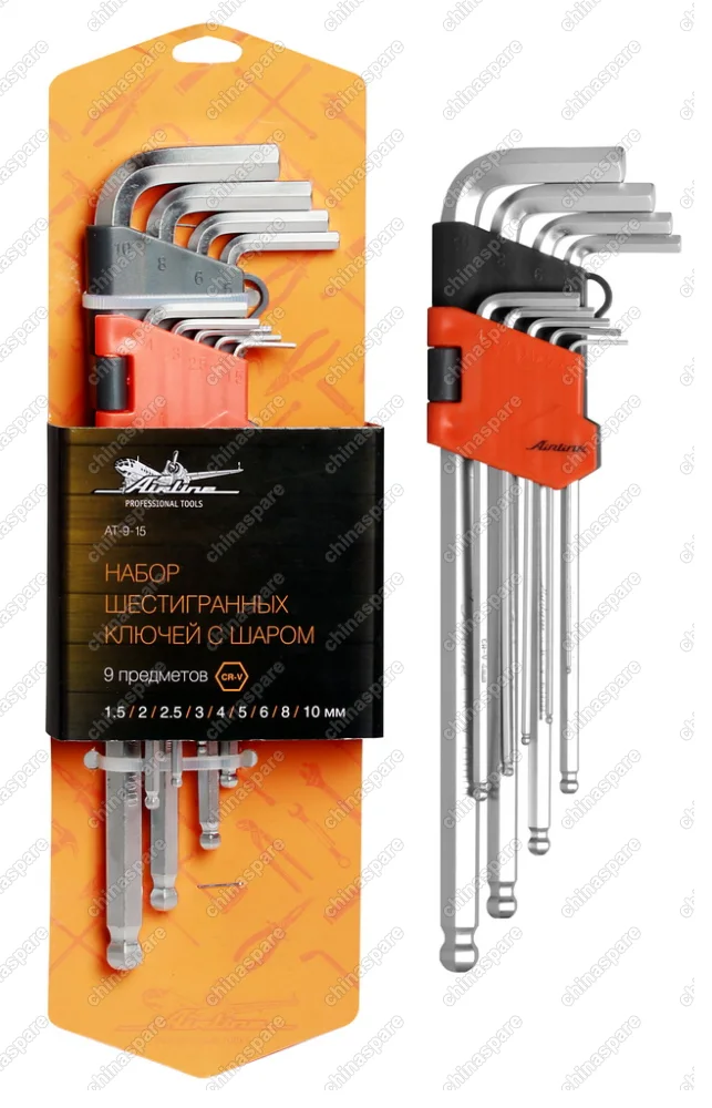 AT-9-15 Набор шестигранных ключей удлинённых с шаром 9 предметов, пласт.подвес