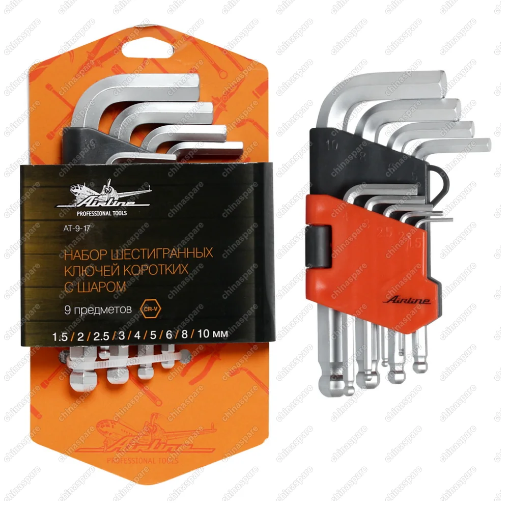 AT-9-17 Набор шестигранных ключей коротких с шаром 9 предметов, пласт.подвес