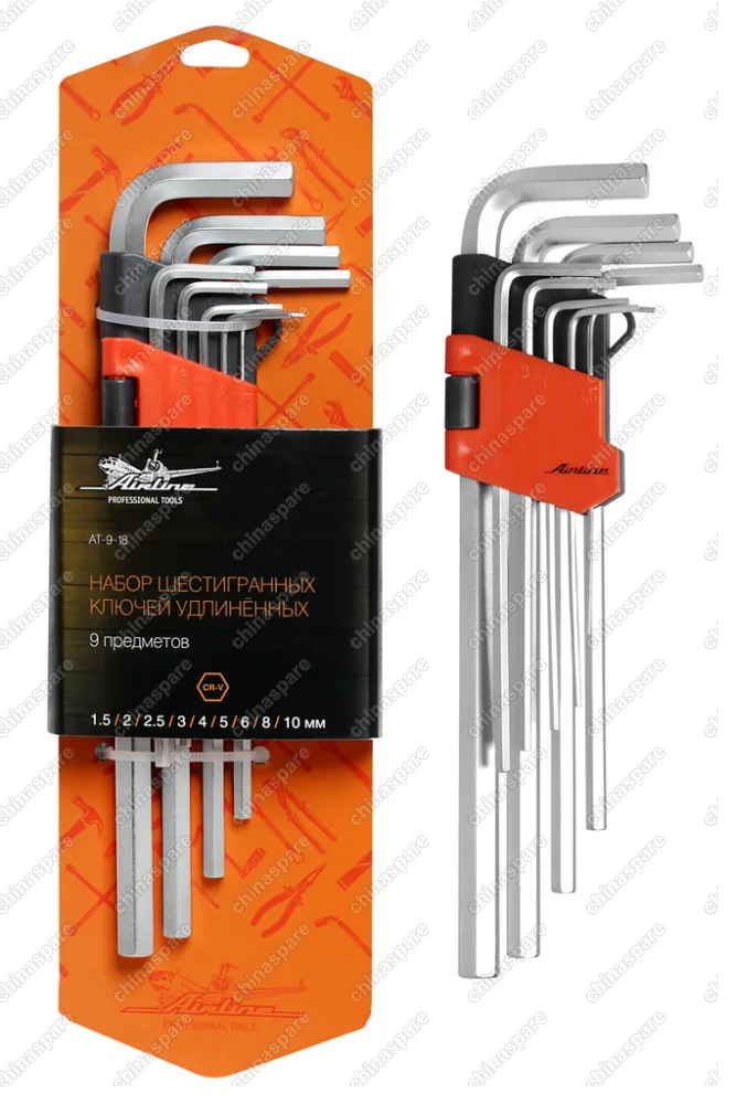 AT-9-18 Набор шестигранных ключей удлинённых 9 предметов, пласт.подвес