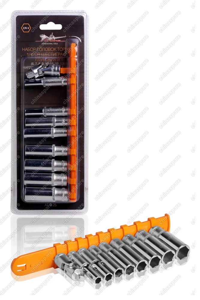 AT-9-25 Набор головок торцевых ¼ дюйма DR шестигранных глубоких 9пр.
