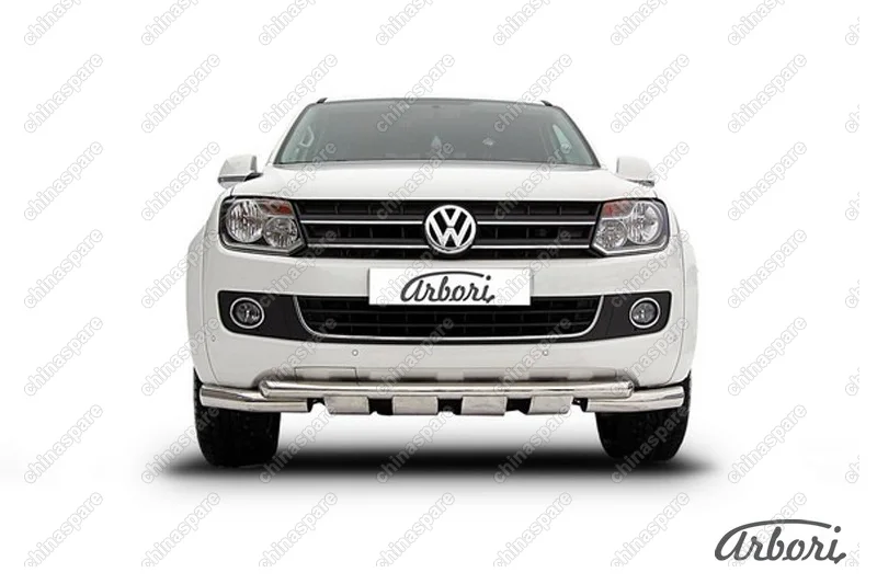 Защита переднего бампера d76+d57 двойная с профильной ЗК Arbori нерж. сталь для Volkswagen AMAROK(2013) 2013-2016