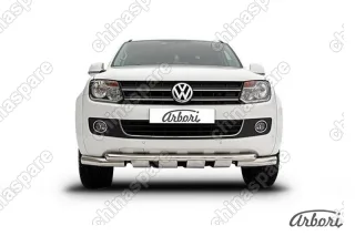 Защита переднего бампера d76+d57 двойная с профильной ЗК Arbori нерж. сталь для Volkswagen AMAROK(2013) 2013-2016