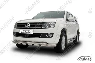 Защита переднего бампера d76+d57 двойная с профильной ЗК Arbori нерж. сталь для Volkswagen AMAROK(2013) 2013-2016