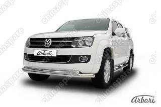 Защита переднего бампера d76+d57 двойная радиусная Arbori нерж. сталь для Volkswagen AMAROK(2013) 2013-2016