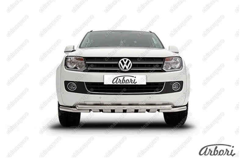 Защита переднего бампера d57+d57 двойная с профильной ЗК Arbori нерж. сталь для Volkswagen AMAROK(2013) 2013-2016