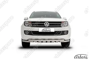 Защита переднего бампера d57+d57 двойная с профильной ЗК Arbori нерж. сталь для Volkswagen AMAROK(2013) 2013-2016