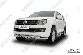 Защита переднего бампера d57+d57 двойная с профильной ЗК Arbori нерж. сталь для Volkswagen AMAROK(2013) 2013-2016