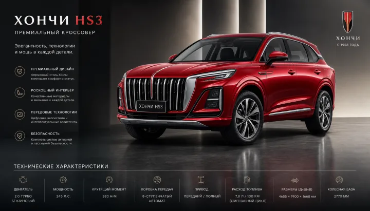 Hongqi HS3 2025–2026: полные технические характеристики, габариты и комплектации