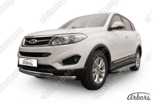 Защита переднего бампера d57+d42 двойная радиусная Arbori нерж. сталь для CHERY Tiggo 5 2014-нв
