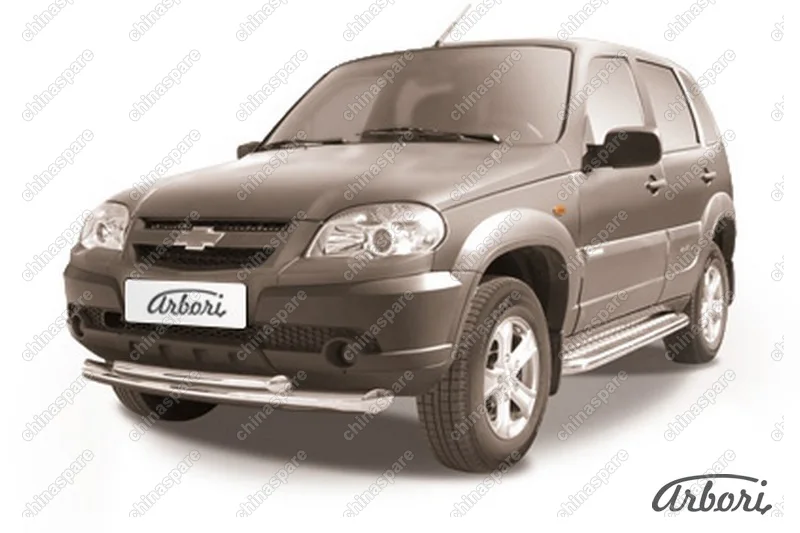 Защита переднего бампера d76+d57 двойная Arbori нерж. сталь для Chevrolet NIVA 2010-нв