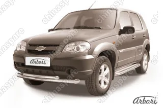 Защита переднего бампера d76+d57 двойная Arbori нерж. сталь для Chevrolet NIVA 2010-нв