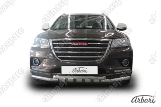 Защита переднего бампера d57+d57 с декоративными элементами Arbori нерж. сталь для HAVAL H2 2014-нв