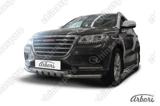 Защита переднего бампера d57+d57 с декоративными элементами Arbori нерж. сталь для HAVAL H2 2014-нв