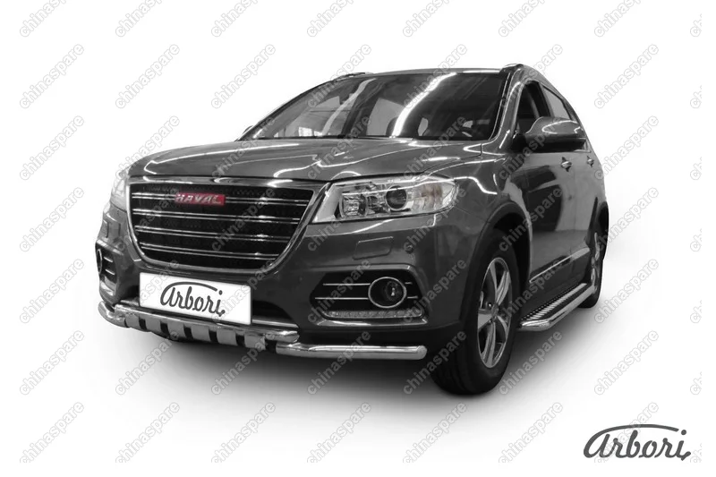 Защита переднего бампера d57+d42 двойная с декоративными элементами Arbori нерж. сталь для HAVAL H6 2014-нв