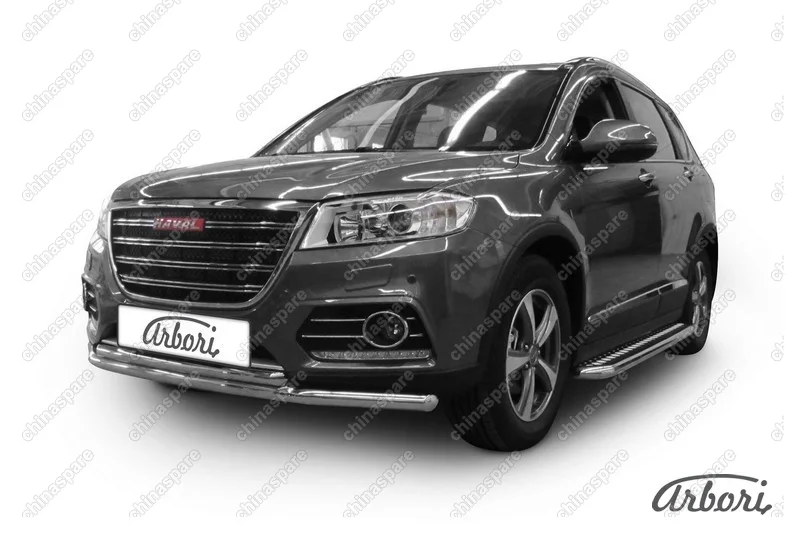 Защита переднего бампера d57+d42 двойная Arbori нерж. сталь для HAVAL H6 2014-нв
