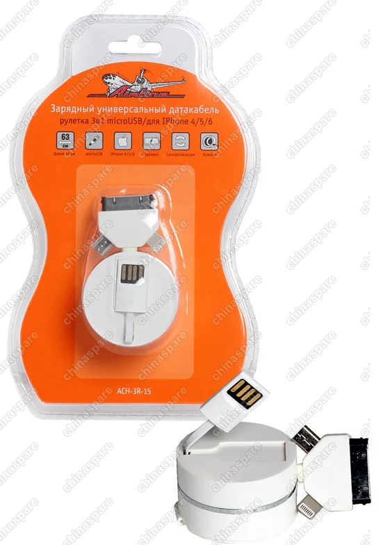 Зарядный универсальный датакабель рулетка 3 в 1 microUSB/для IPhone 4/5/6