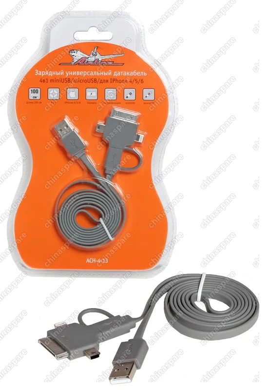 Зарядный универсальный датакабель 4 в 1 miniUSB/microUSB/для IPhone 4/5/6