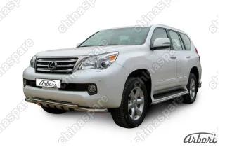 Защита переднего бампера d57+d57 двойная с защитой картера Arbori нерж. сталь для Lexus GX460 2010-2013