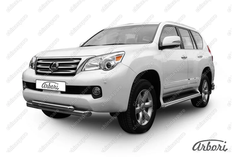 Защита переднего бампера d76+d57 двойная короткая Arbori нерж. сталь для Lexus GX460 2010-2013