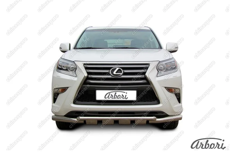 Защита переднего бампера d76+d57 двойная с профильной ЗК Arbori нерж. сталь для Lexus GX460 2013-нв