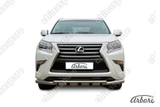 Защита переднего бампера d76+d57 двойная с профильной ЗК Arbori нерж. сталь для Lexus GX460 2013-нв