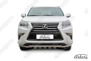 Защита переднего бампера d57+d57 двойная с профильной ЗК Arbori нерж. сталь для Lexus GX460 2013-нв