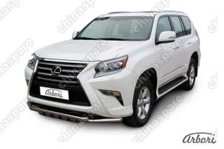 Защита переднего бампера d57+d57 двойная с профильной ЗК Arbori нерж. сталь для Lexus GX460 2013-нв