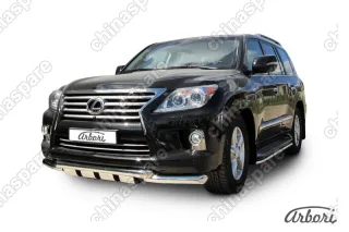Защита переднего бампера d76+d76 двойная с профильной ЗК Arbori нерж. сталь для Lexus LX570 2012-2015