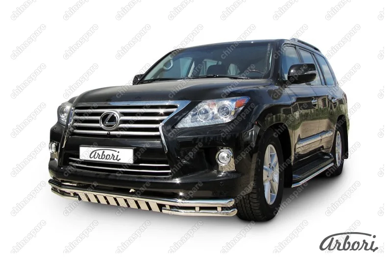 Защита переднего бампера d57+d57 двойная с ЗК Arbori нерж. сталь для Lexus LX570 2012-2015
