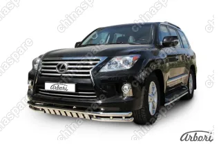 Защита переднего бампера d57+d57 двойная с ЗК Arbori нерж. сталь для Lexus LX570 2012-2015