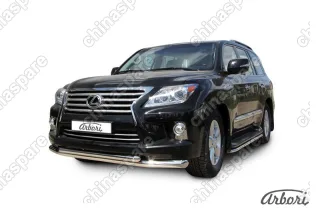 Защита переднего бампера d76+d57 двойная Arbori нерж. сталь для Lexus LX570 2012-2015