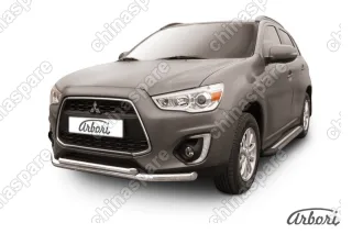 Защита переднего бампера d76+d57 двойная  Arbori нерж. сталь для MITSUBISHI ASX 2014-нв