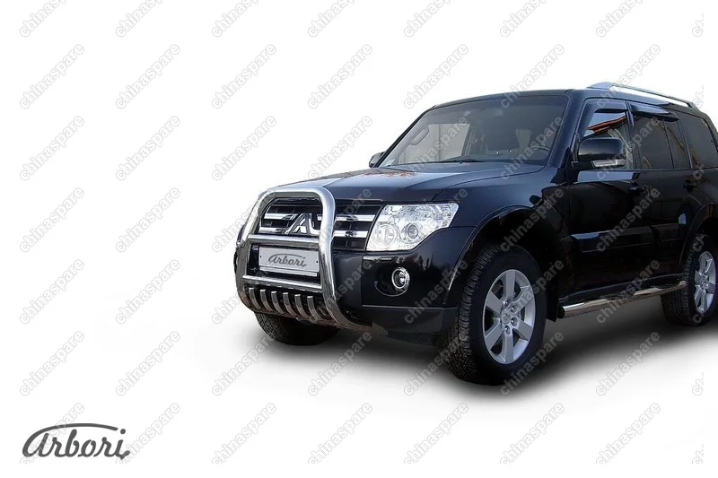 Кенгурятник d76 высокий с защитой картера Arbori нерж. сталь для Mitsubishi PAJERO IV 2014-нв