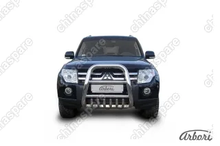 Кенгурятник d76 высокий с защитой картера Arbori нерж. сталь для Mitsubishi PAJERO IV 2014-нв