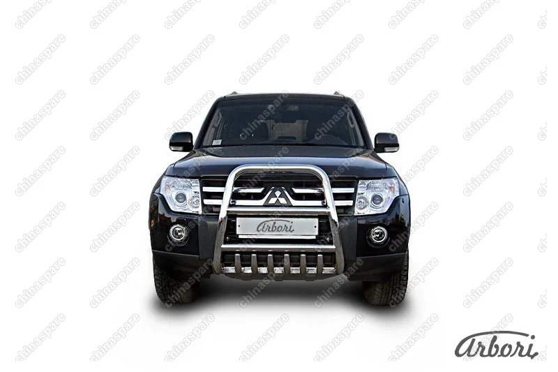 Кенгурятник d57 высокий с защитой картера Arbori нерж. сталь для Mitsubishi PAJERO IV 2014-нв