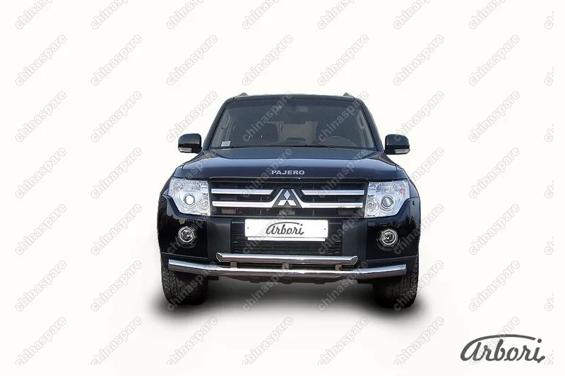 Защита переднего бампера d76+d57 двойная Arbori нерж. сталь для Mitsubishi PAJERO IV 2014-нв