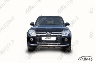 Защита переднего бампера d76+d57 двойная Arbori нерж. сталь для Mitsubishi PAJERO IV 2014-нв