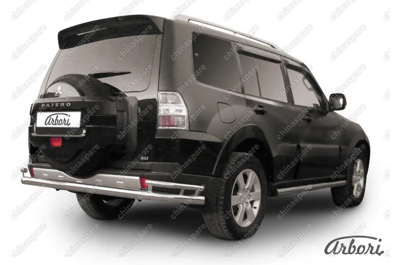 Защита заднего бампера d76+d42 двойная Arbori нерж. сталь для Mitsubishi PAJERO IV 2014-нв