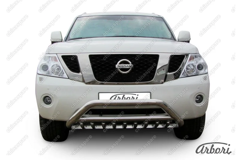 AFZDANIPAT06 Кенгурятник d76 низкий широкий с ЗК и перемычкой Arbori нерж. сталь для Nissan PATROL 2012-2014