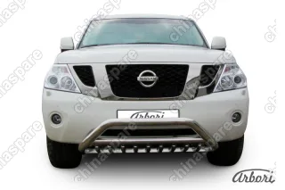 AFZDANIPAT06 Кенгурятник d76 низкий широкий с ЗК и перемычкой Arbori нерж. сталь для Nissan PATROL 2012-2014