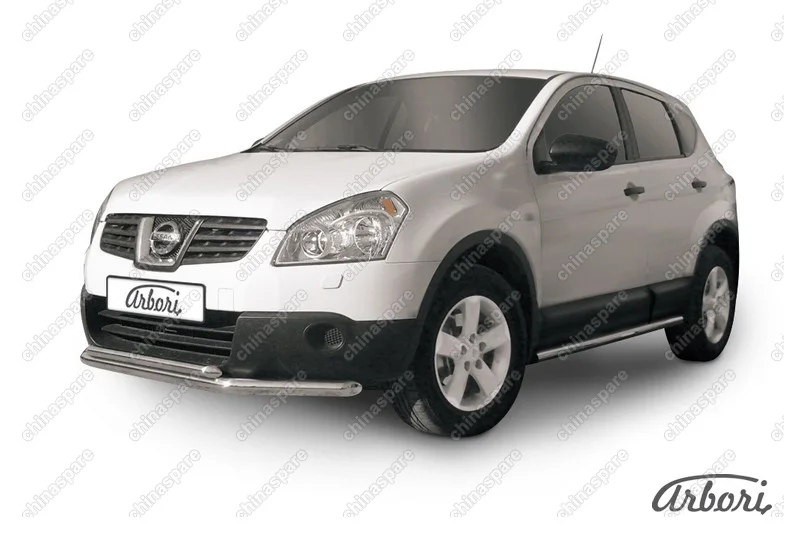 Защита переднего бампера d57+d42 двойная короткая Arbori нерж. сталь для Nissan QASHQAI 2007-2010