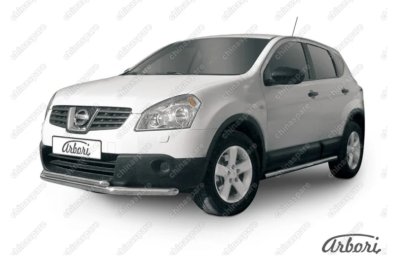 Защита переднего бампера d57+d42 двойная короткая Arbori нерж. сталь для Nissan QASHQAI+2 2007-2010