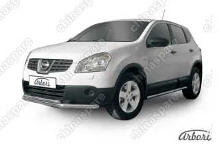 Защита переднего бампера d57+d42 двойная короткая Arbori нерж. сталь для Nissan QASHQAI+2 2007-2010