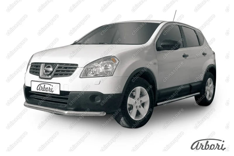 Защита переднего бампера d57 короткая Arbori нерж. сталь для Nissan QASHQAI+2 2007-2010