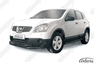 Защита переднего бампера d57+d42 двойная длинная Arbori черн. для Nissan QASHQAI+2 2007-2010